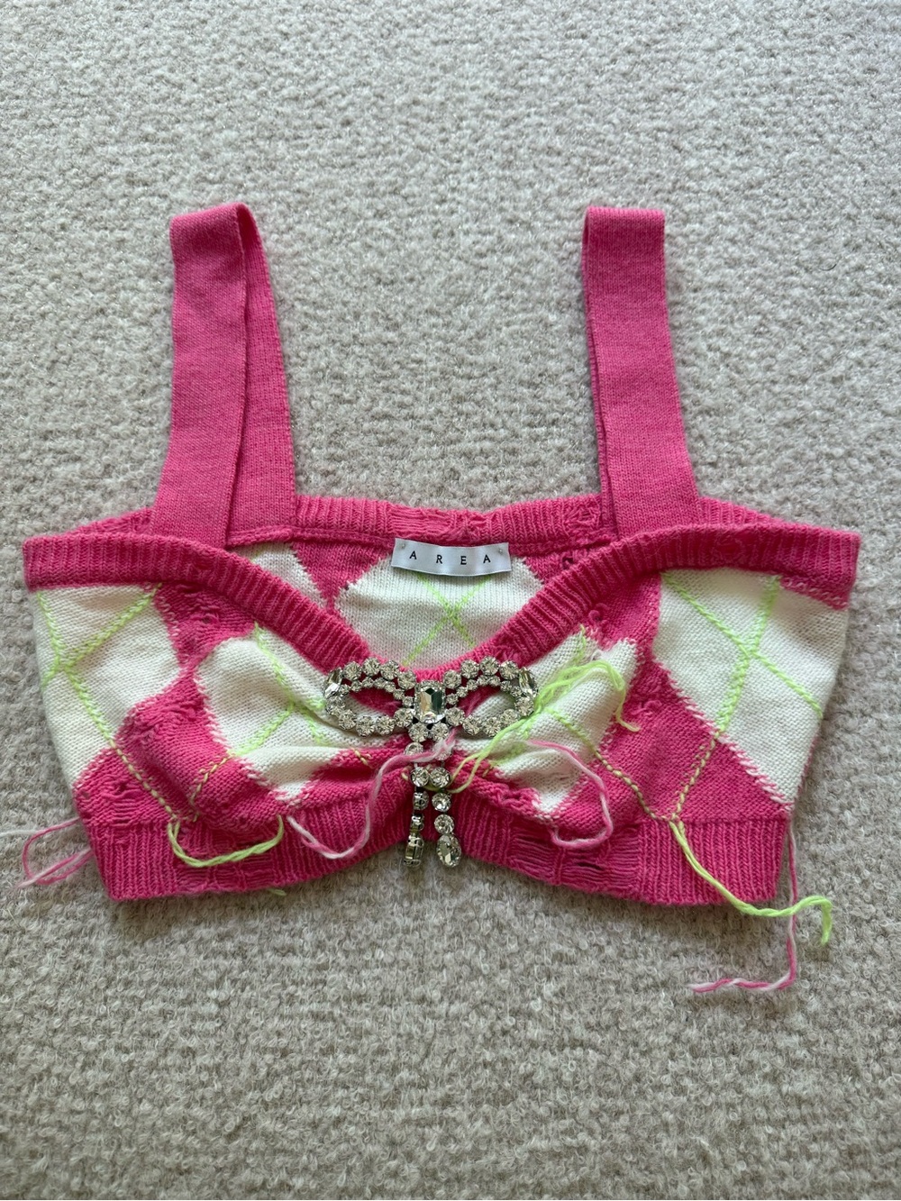AREA Kids Pink Argyle Knit Crop Top with Rhinestone Bow never worn